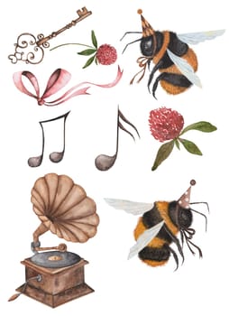 watercolor illustration of bumblebee gramophone bow key notes and clover. vintage illustrations for your ideas without background. High quality illustration