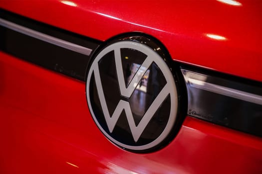 Lisbon, Portugal - May 12, 2023: VW car logo emblem close up