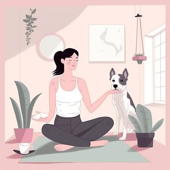 woman dog home cat person practice female girl relaxation fitness lifestyle healthy position happy stretching training yoga sport body zen cartoon. Generative AI.