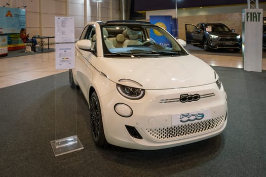 Lisbon, Portugal - May 12, 2023: Fiat 500 Cabrio electric car on display at ECAR SHOW - Hybrid and Electric Motor Show