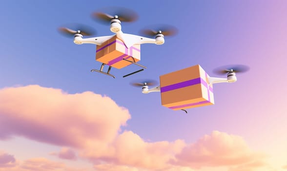 cardboard air background transport delivery drone blue robot aircraft shipping technology logistic helicopter city cargo distribution fast package aerial blue fly. Generative AI.