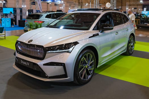 Lisbon, Portugal - May 12, 2023: SKODA Enyaq iV electric car on display at ECAR SHOW - Hybrid and Electric Motor Show