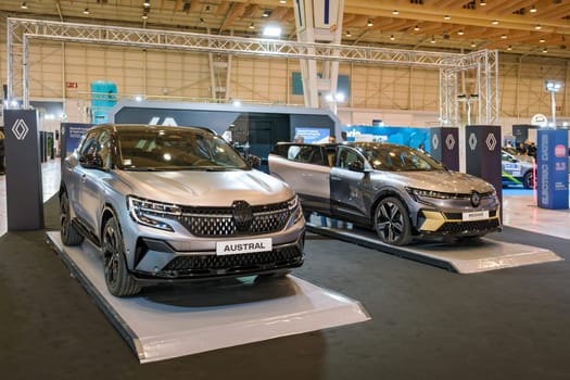 Lisbon, Portugal - May 12, 2023: Renault Austral E-Tech hybrid and Renault Megane electric cars on display at ECAR SHOW - Hybrid and Electric Motor Show