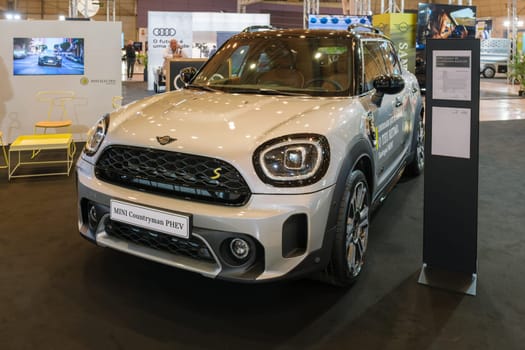 Lisbon, Portugal - May 12, 2023: MINI Countryman hybrid electric car on display at ECAR SHOW - Hybrid and Electric Motor Show