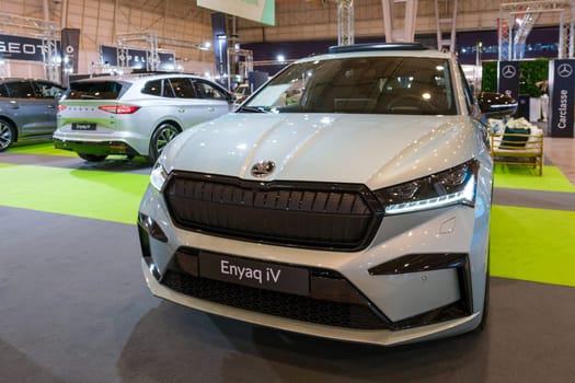 Lisbon, Portugal - May 12, 2023: SKODA Enyaq iV electric car on display at ECAR SHOW - Hybrid and Electric Motor Show