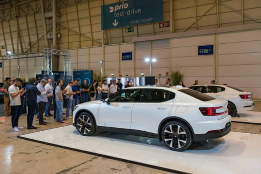 Lisbon, Portugal - May 12, 2023: Presentation of Polestar 2 electric car at ECAR SHOW - Hybrid and Electric Motor Show