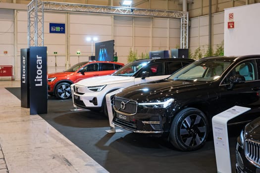Lisbon, Portugal - May 12, 2023: Volvo XC60 hybrid and Volvo XC40 and S40 electric cars on display at ECAR SHOW - Hybrid and Electric Motor Show