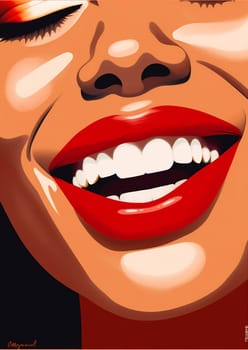 girl woman toothpaste poster love modern teeth lip american sexy illustration face african red colours lipstick open make-up mouth fashion black background pop. Generative AI.