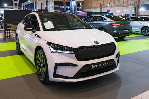 Lisbon, Portugal - May 12, 2023: SKODA Enyaq iV electric car on display at ECAR SHOW - Hybrid and Electric Motor Show