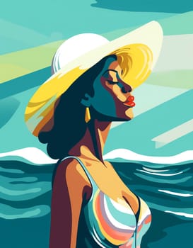 cartoon woman relax black travel summer concept retro beach young hat tourism holiday beige vacation tanned graphic art fashion tropical design. Generative AI.