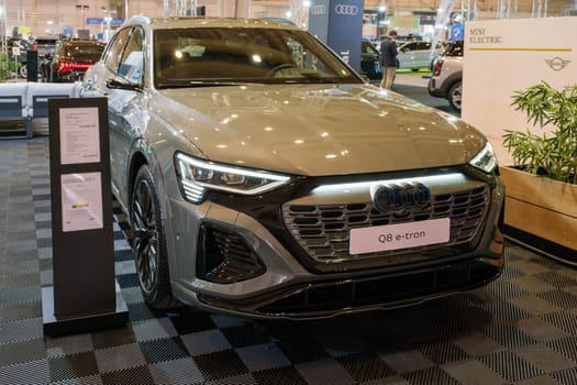 Lisbon, Portugal - May 12, 2023: Audi Q8 e-tron 55 electric car on display at ECAR SHOW - Hybrid and Electric Motor Show