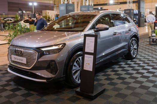 Lisbon, Portugal - May 12, 2023: Audi Q4 e-tron electric car on display at ECAR SHOW - Hybrid and Electric Motor Show