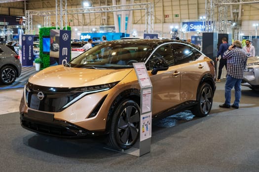 Lisbon, Portugal - May 12, 2023: Nissan Ariya electric car on display at ECAR SHOW - Hybrid and Electric Motor Show