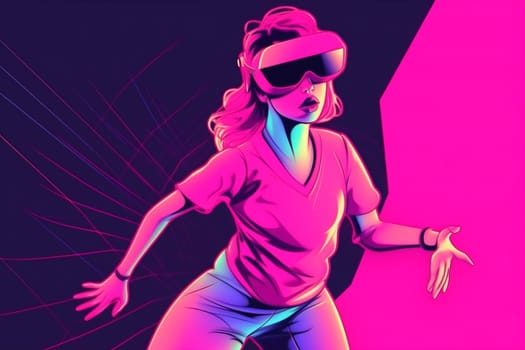 woman neon art sport fly smart virtual colorful digital headset happy game glasses innovation three-dimensional character cyberspace 3d vr reality floating. Generative AI.