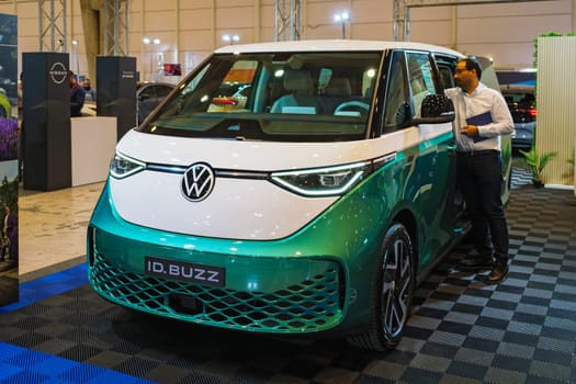 Lisbon, Portugal - May 12, 2023: VW ID.Buzz electric bus car on display at ECAR SHOW - Hybrid and Electric Motor Show