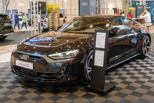 Lisbon, Portugal - May 12, 2023: Audi e-tron GT quattro electric car on display at ECAR SHOW - Hybrid and Electric Motor Show