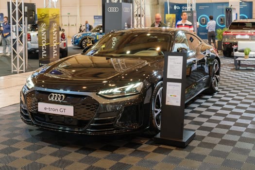 Lisbon, Portugal - May 12, 2023: Audi e-tron GT quattro electric car on display at ECAR SHOW - Hybrid and Electric Motor Show