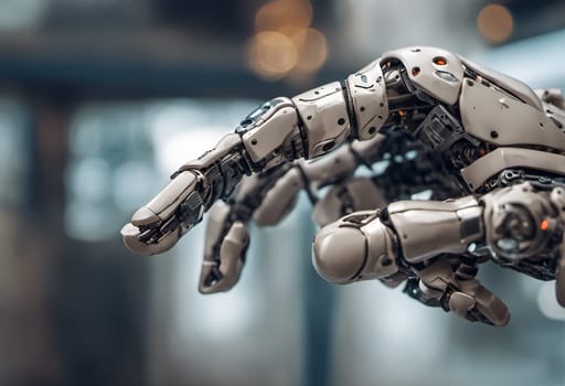 Close up on robotic hand and fingers in bokeh background - Generative AI
