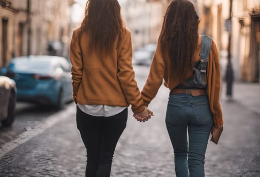 Back view of a lesbian gay homosexual female couple walking in the street - Generative AI