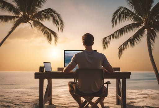Back view of a digital nomad worker sitting at a table and working on his computer at the beach by sunset - Generative AI