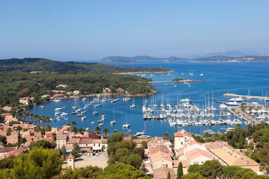 View of Porquerolles island marina from " Fort Sainte Agathe "" in France"