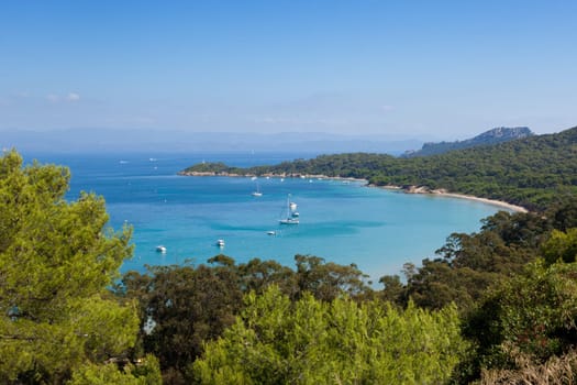 View of Porquerolles island bay from " Fort Sainte Agathe "" in France"
