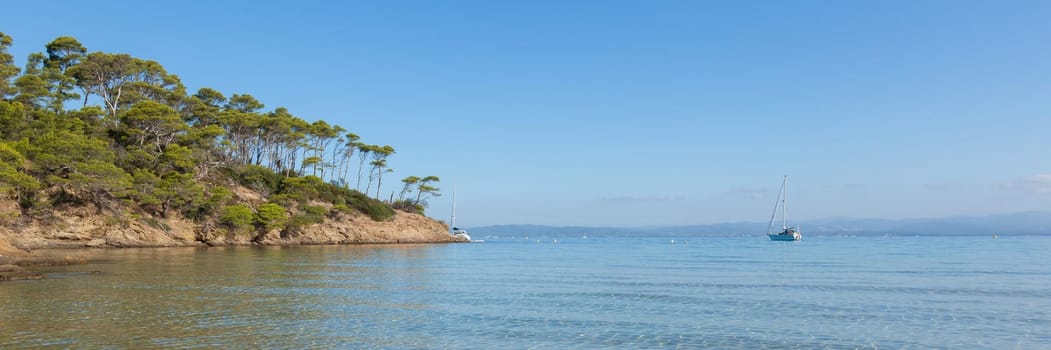 Panoramic view of Notre Dame beach in Porquerolles island in south of  France