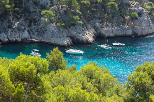 Moored boats in the  Calanques of Port Pin in Cassis  in France