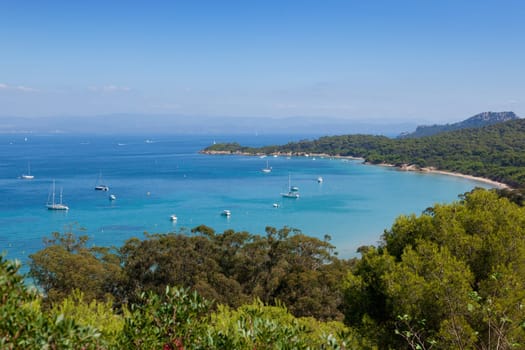 View of Porquerolles island bay from " Fort Sainte Agathe "" in France"