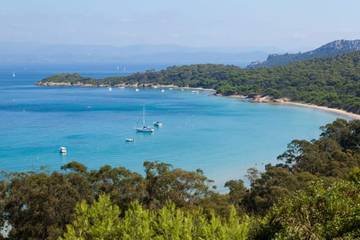 View of Porquerolles island bay from " Fort Sainte Agathe "" in France"
