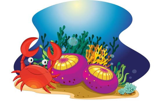 Illustration of crab on a tropical reef