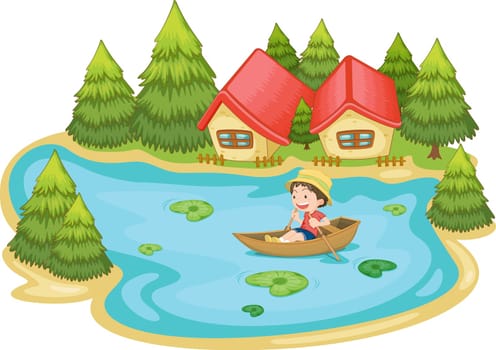 Illustration of a man in a boat at vacation house