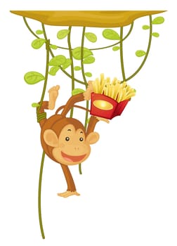 monkey hanging eating fries on white