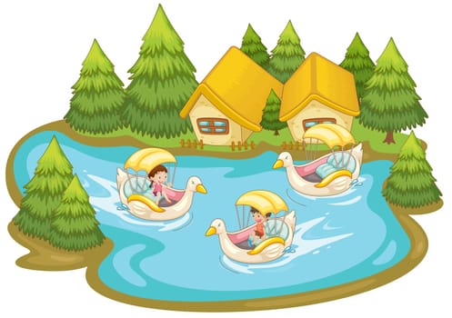 Kids riding boats in a lake