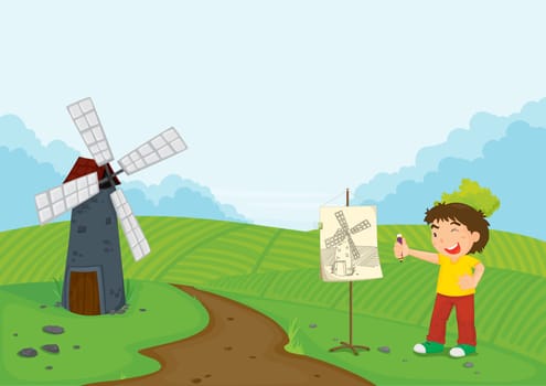 Illustration of boy sketching