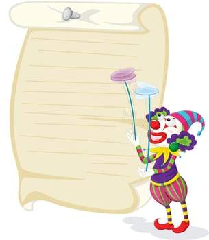 Illustration of a clown in front of paper