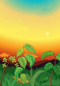 Illustration of Sunset scene in jungle