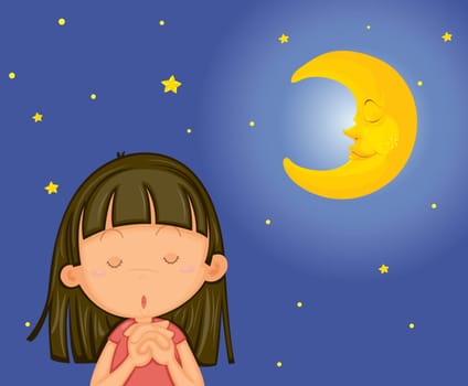 Illustration of girl praying at night