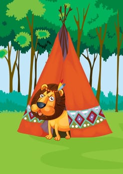 Illustration of lion stalking camping area