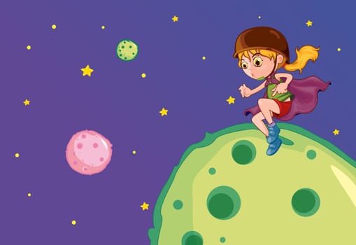 Illustration of flying girl on the moon