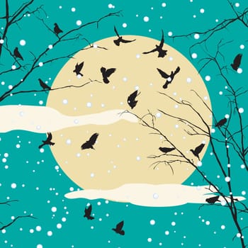 Birds and tree on moon set, romantic winter background