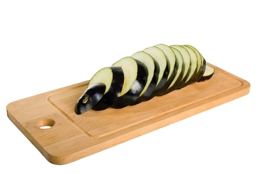 sliced Aubergine in kitchen Board isolated on white