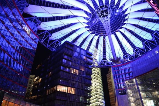 Changing colours of the sony centre in Berlin at night, Germany
