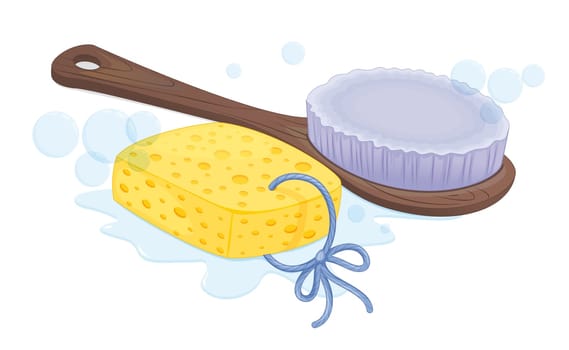 illustration of sponge and brush on white background