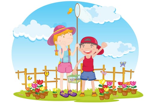 Illustration of siblings in the garden