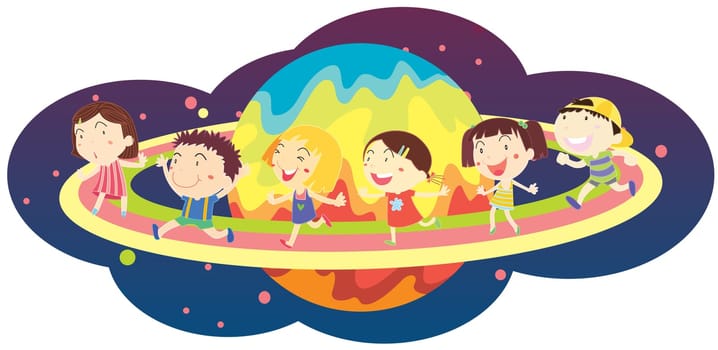 Illustration of kids around a planet