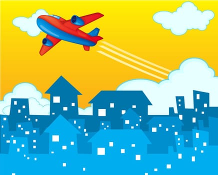 Detailed illustration of a starting airplane in a town