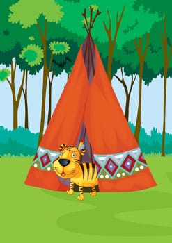 tiger coming out of a tent