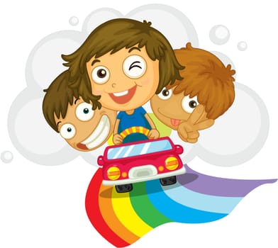 Illustration of kids driving in a car