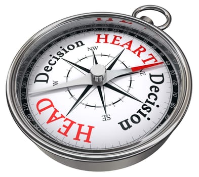 heart versus head decision concept compass isolated on white background